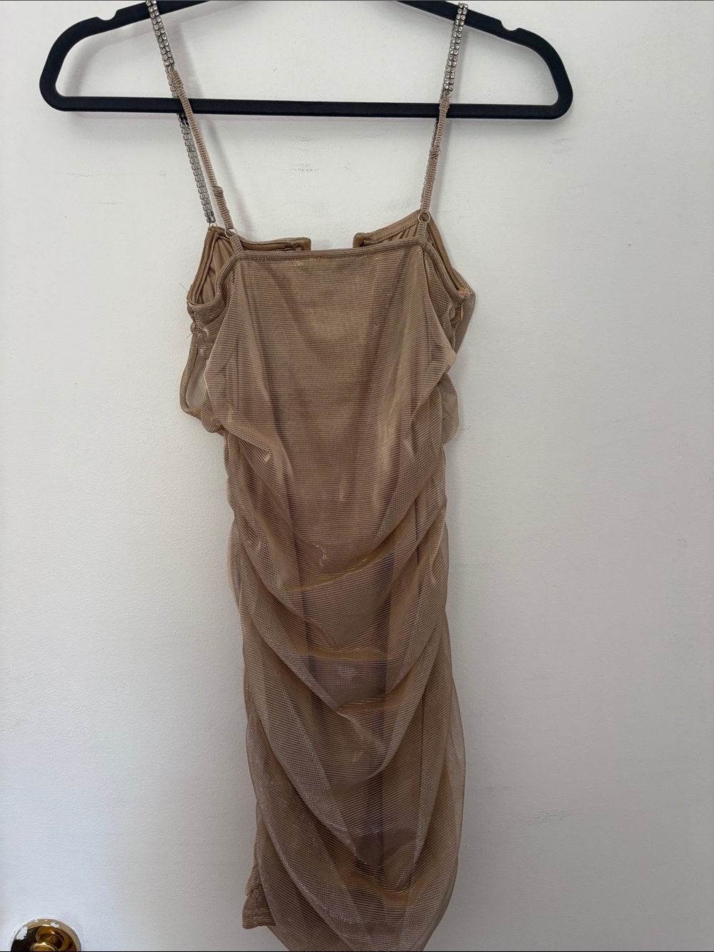 PrettyLittleThing Beige Ruched Mesh Mini Dress with Crystal Straps - Picture 4 of 4